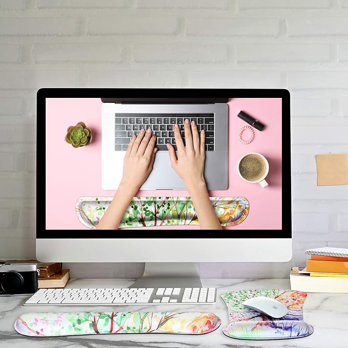 Ergonomic Mouse Pad with Wrist Rest Support and Keyboard Wrist Rest Pad, iDonzon Cute Wrist Pad with Non-Slip Rubber Base and Raised Memory Foam, Easy Typing & Pain Relief, Four Seasons Tree
