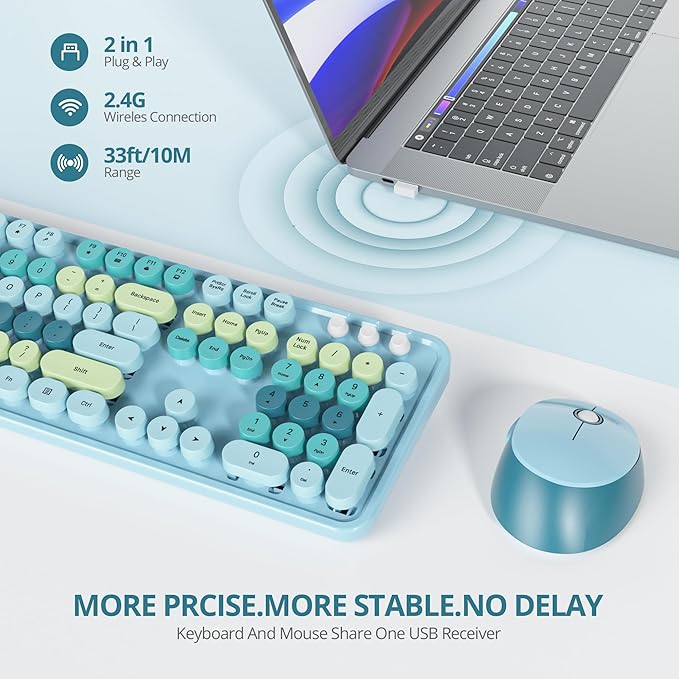 Colorful Blue Keyboard and Mouse Combo Wireless, 2.4G Full Size 104-Key Retro Typewriter Keyboards Round Keys for Students Teenagers Home Office PC Laptop(Colorful Blue)