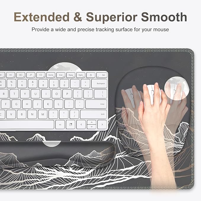 Large Mouse Pad, Keyboard Wrist Rest Set, Ergonomic Mouse Pad with Wrist Support, Desk Mat with Stitched Edges + Coaster, Extended Desk Pad Waterproof Desk Mat for Home Office Game I Moon and Valley