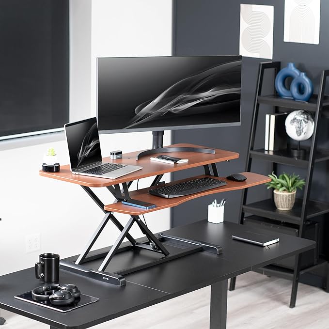 VIVO 42 inch Desk Converter, K Series, Height Adjustable Sit to Stand Riser, Dual Monitor and Laptop Workstation with Wide Keyboard Tray, Dark Walnut Top, Black Frame, DESK-V042KA