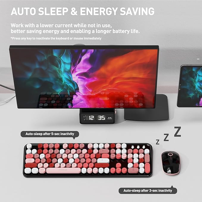 Keyboard and Mouse Wireless,Cute Retro Wireless Keyboard Mouse Combo with Round Key,2.4Ghz Dropout-Free Connection,Typewriter Wireless Keyboard Mouse Set for PC Laptop Desktop Computer-Black Colorful