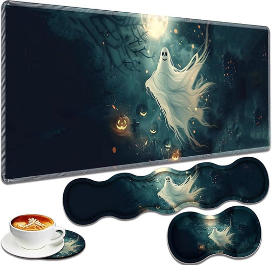 Large Gaming Mouse Pad + Keyboard Wrist Rest + Wrist Support + Coaster Set, Memory Foam Ergonomic for Easy Typing, XXL Extended Gaming Mouse Pad Table Pad - Halloween Ghost