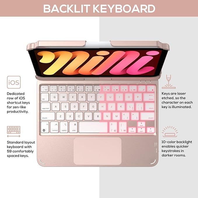 typecase Keyboard Case for iPad mini 7 (2024) & mini 6 (2021) - Wireless Case with Keyboard for iPad mini 7th 6th Generation 8.3" - 11 Colors Backlit Keyboard Cover with Trackpad - Rose Gold