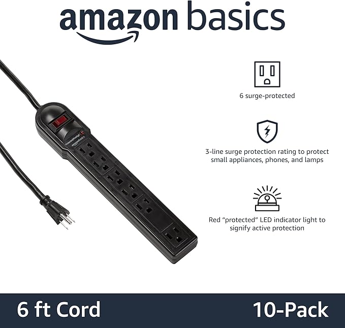 Amazon Basics Surge Protector Power Strip, 6-Outlet, 790 Joules, Circuit Breaker, LED Indicator, 6ft Extension Cord, Black, 10-Pack