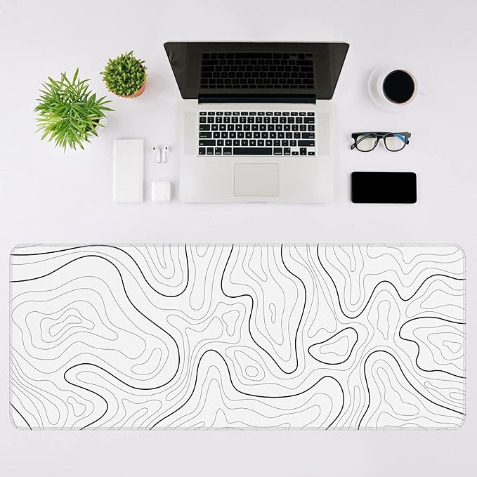 Mouse Pad Gaming Mousepad 31.5 x 11.8 in Large Mouse Pad for Keyboard and Mouse with Anti-Slip Rubber Base, Keyboard Pad XL Mouse Mat for Home and Office(White with Black Topographic Line)