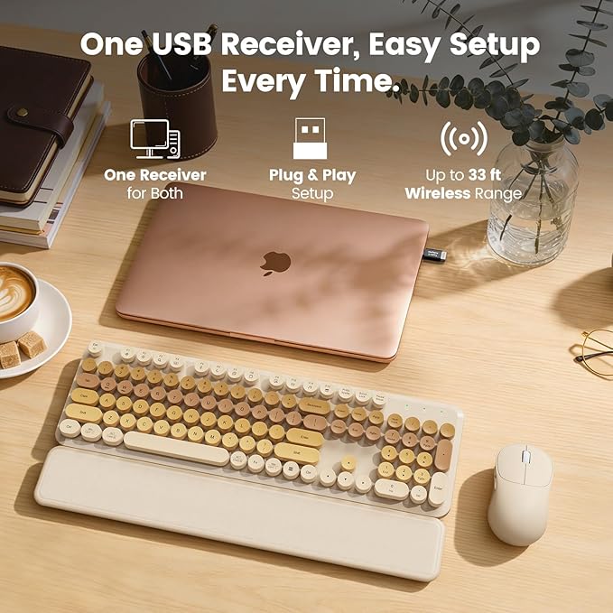 Wireless Keyboard and Mouse Combo, Magnetic Soft-Touch Wrist Rest, Round Keycaps, Full-Size Retro Typewriter Keyboard, 2-Stage Tilt Legs, Auto Sleep, 2.4GHz Cordless for Windows PC, Beige-Brown Ombre