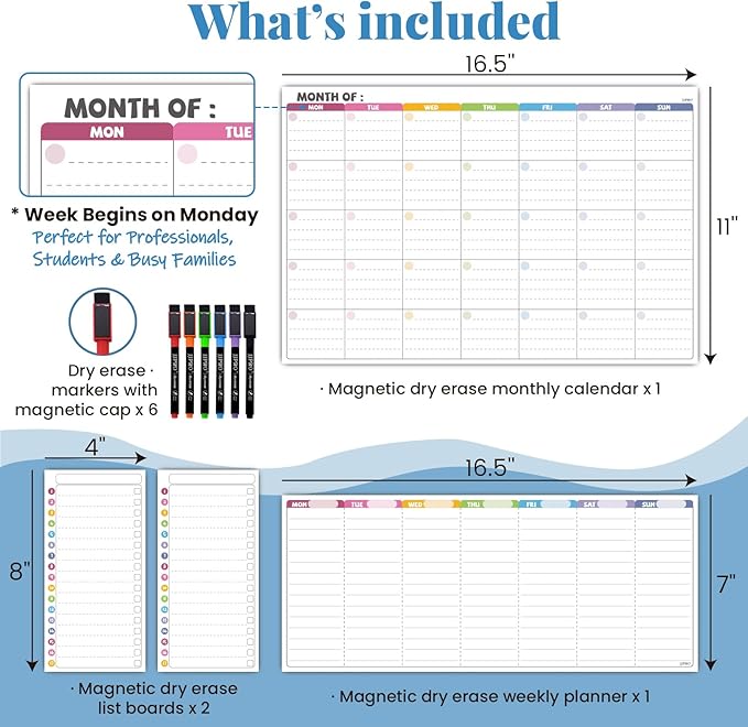 JJPRO Magnetic Dry Erase Monthly Calendar Set for Fridge-Reusable Monthly Calendar,Weekly Planner&Lists for Refrigerator-Starts Monday-Magnetic Multicolor Monthly Planner Bundle-16.5x11"