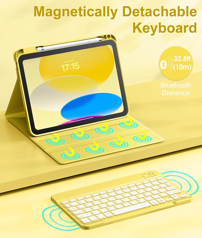 Hamile for iPad 11th 10th Generation Case with Keyboard - 7 Colors Backlit Wireless Detachable Folio Keyboard Cover with Pencil Holder for iPad 11-inch A16 2025 10th Gen 10.9 Inch 2022 (Yellow)