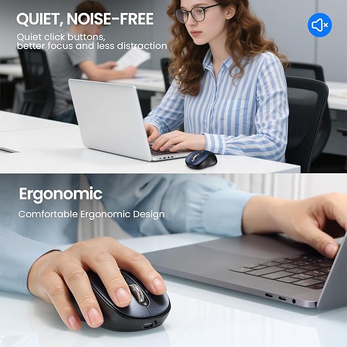 Bluetooth Wireless Mouse for Laptop,USB+BT×2,USB-C Charging,Quiet Multi Device Mouse,Metal 4-Way Super Scrolling,± 3200 DPI,10 Button,Plug&Play,Ergo Computer Cordless Mice,for iPad/Tablet/Mac/PC/Phone