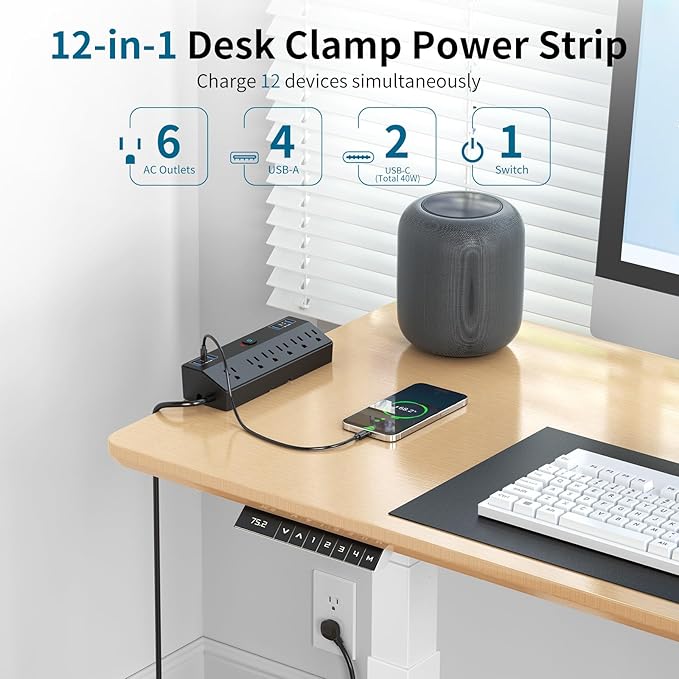Desk Clamp Power Strip with 40W Fast Charging Station, JXGUCAT 10FT Flat Plug Desk Mount Power Strip Surge Protector, Removable Extension Cord with 2 USB-C Ports 6 Outlets, Fits 1.8" Tabletop Edge
