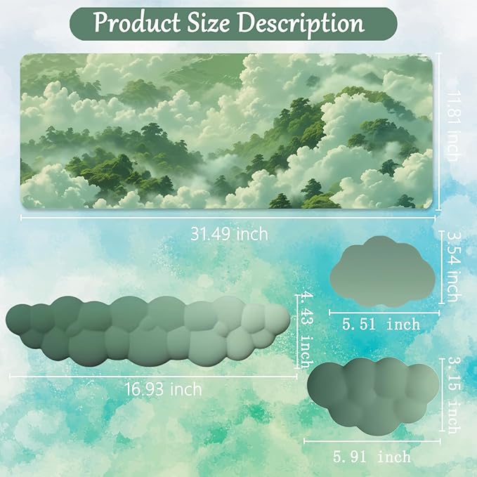 Green Cloud Mouse Pad and Keyboard Wrist Rest 4PCS Extended Forest Mountain Aesthetic Large Desk Mat Pad Set Memory Foam Non-Slip Cute Ergonomic Gaming Mouse Pad Wrist Support for Computer Home Office