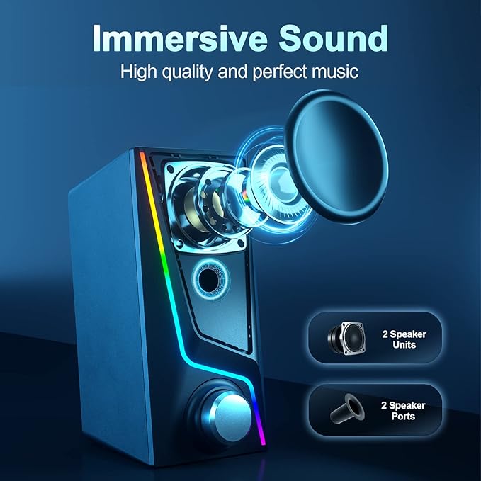 Nylavee Computer Speakers, PC Speakers with 6 Lighting Modes, USB Powered Computer Speakers for Desktop PC with 2 Bass-Boost Ports, 2 Speaker Units, and 3.5mm Aux-in for PC, Laptop, Monitor, Gaming