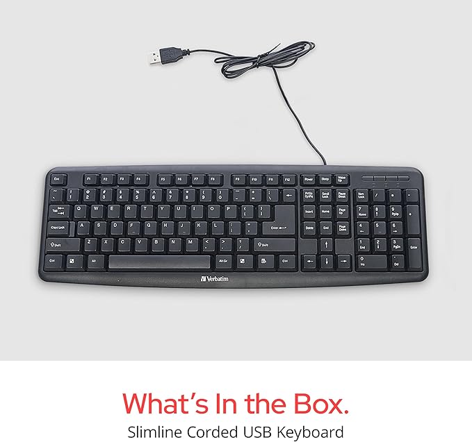 Verbatim Slimline Wired Keyboard USB Plug-and-Play Numeric Keypad Adjustable Tilt Legs Corded Full-Size Computer Keyboard Compatible with PC, Laptop - Frustration Free Packaging Black 99201