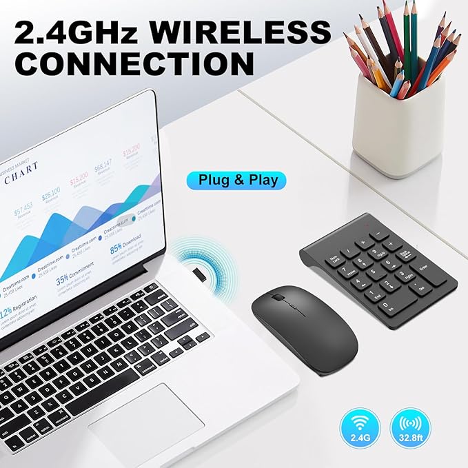 TRELC Wireless Numeric Keypad, Mini 2.4G 18 Keys Number Pad, Portable Silent Financial Accounting Numeric Keypad Keyboard Extensions with Wireless Mouse for Laptop, PC, Desktop, Notebook(Black)