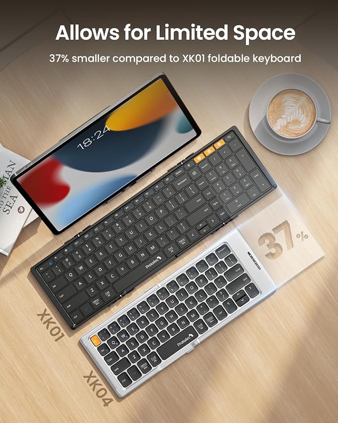 ProtoArc Foldable Compact Keyboard, XK04 Portable Bluetooth Keyboard with PU Leather Cover, Pocket-Sized Wireless Travel Keyboards for iPad, iPhone, Smartphone, Tablet and Laptop - White Silver