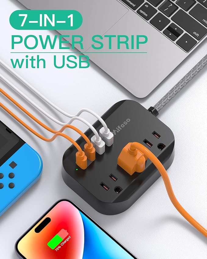 College Dorm Essentials - 15Ft Power Strip with USB Ports, Flat Extension Cord with Multiple Outlets, Desk Accessories USB Charging Station with Non Surge Protector for Cruise Ship, Travel