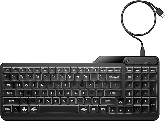 HP 400 Backlit Wired Keyboard (Ash Wired) - Warm White LED Illuminated Keys w/ 3 Brightness Levels - Slim & Portable Design - 12 Programmable Keys - Spill-Resistant, Sanitizable