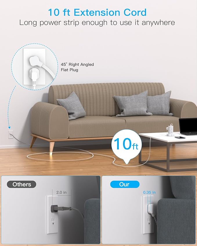 One Beat Tower Surge Protector Power Strip 10 ft,Long Flat Extension Cord with Multiple Outlets,8 AC Outlets with 4 USB Ports,Desktop Charging Station for Multiple Devices,for Home Office College Dorm