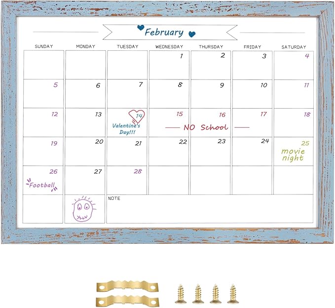 Dry Erase Monthly Calendar Whiteboard,10.6"x 14.6" Small Magnetic White Board for Wall, Hanging Board for Office/School/Home, Solid Pine Wood Frame (Blue)