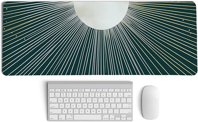 Boho Gold Sunburst Mouse Pad,XL Large Retro Minimalist Art Aesthetic Desk Mat,Dark Green Summer Sun Mousepad for Home Office Dorm Desktop Decor,31.5x11.8 Inch