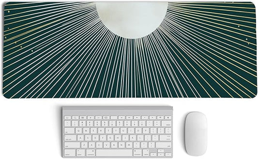 Boho Gold Sunburst Mouse Pad,XL Large Retro Minimalist Art Aesthetic Desk Mat,Dark Green Summer Sun Mousepad for Home Office Dorm Desktop Decor,31.5x11.8 Inch