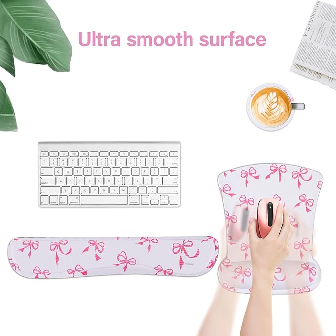 MOSISO Wrist Rest Support for Mouse Pad&Keyboard Set, Pink Bows Ergonomic Mousepad&Coaster Non-Slip Base Home/Office Pain Relief&Easy Typing Cushion with Neoprene Cloth&Raised Memory Foam, White