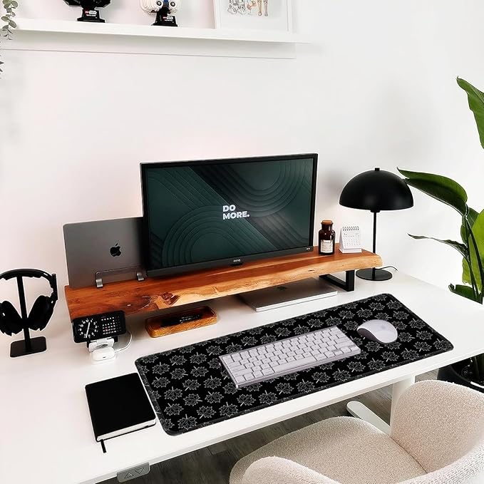 Maple Leafs Pattern Mouse Pad Large 31.5 x 11.8in Black Topographic Laptop Keyboard Mousepad for Non-Slip Base and Stitched Edge, XL Extended Desk Mat