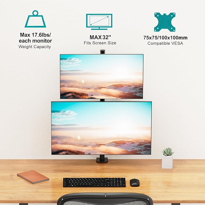Vertical Dual Monitor Stand for 2 Max 32 inch Stack Screen Monitors, Stacked Monitor Mount with Swivel, Tilt, Height Adjustable, Computer Monitor Arm Holds up to 17.6 lbs Each