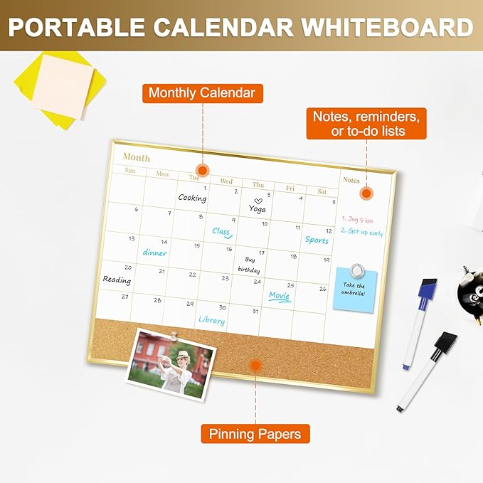 Small Dry Erase Calendar Whiteboard and Cork Board Combo, 16'' x 12'' Monthly White Board with Gold Aluminum Frame, Portable Calendar Board for Home Office School