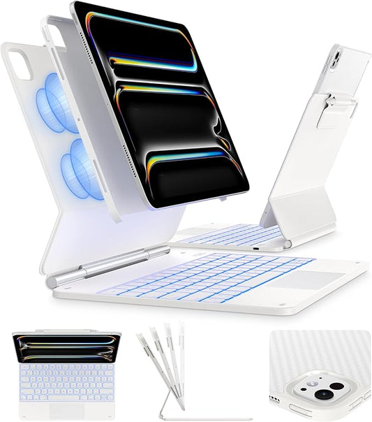 typecase Edge+ Keyboard Case for iPad Pro 13-inch (M5/M4) 2025/2024, White Keyboard with White Carbon Fiber Protective Case,Portrait & Typing Modes,Built-in Trackpad,11-Color Backlight,Magnetic Stand