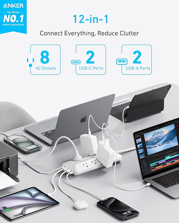 Anker Power Strip with 900J Surge Protector, Flat Plug Extension Cord with Multiple Outlets, 8 AC, 2 USB A & 2 USB C Ports for 35W Max, 5ft Outlet Extender, Dorm Room Essentials, Home Office