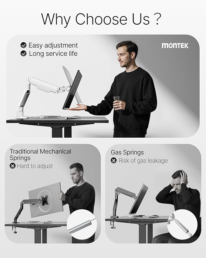 monTEK Deluxe Monitor Arm for 17 to 40 Inch Curved Screens with Cable Management Aluminum Fully Adjustable Single Monitor Arm with Clamp/Grommet, Quick Release Plate,75x75/100x100 VESA