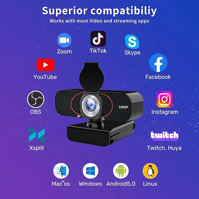 1080P HD Webcam with Microphone, Wide-Angle Lens, Auto Light Correction, Plug Play USB Web Cam with Tripod, Stand, External Camera for Laptop, Desktop Computer, PC, Mac, Zoom, Skype, Streaming, Gaming