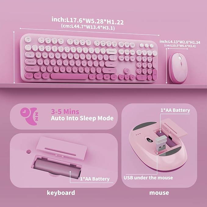 Wireless Keyboard and Mouse Combo, 2.4GHZ Typewriter Retro Full Size Keyboards, Cute Colorful Computer Keyboard and Wireless Mouse for Laptop/Desktop/Windows/PC (Pink Gradient)
