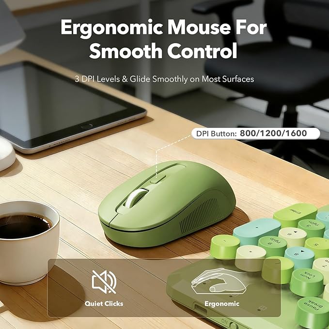 Wireless Keyboard and Mouse Combo with Detachable Magnetic Wrist Rest, Retro Typewriter-Style Keyboard, Round Keycaps, 3-Level DPI Ergonomic Mouse, 2.4GHz for Windows PC/Laptop (Sage Green Mix)
