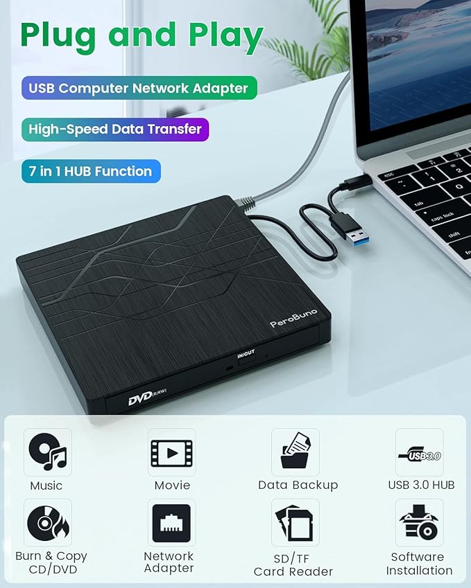 Super External CD DVD Drive, USB 3.0 DVD Burner with Ethernet Adapter, 3 USB and 2 TF/SD Card Ports, CD DVD Player Reader Writer Optical Disk Drive for Laptop PC Mac Windows Linux with Carrying Case