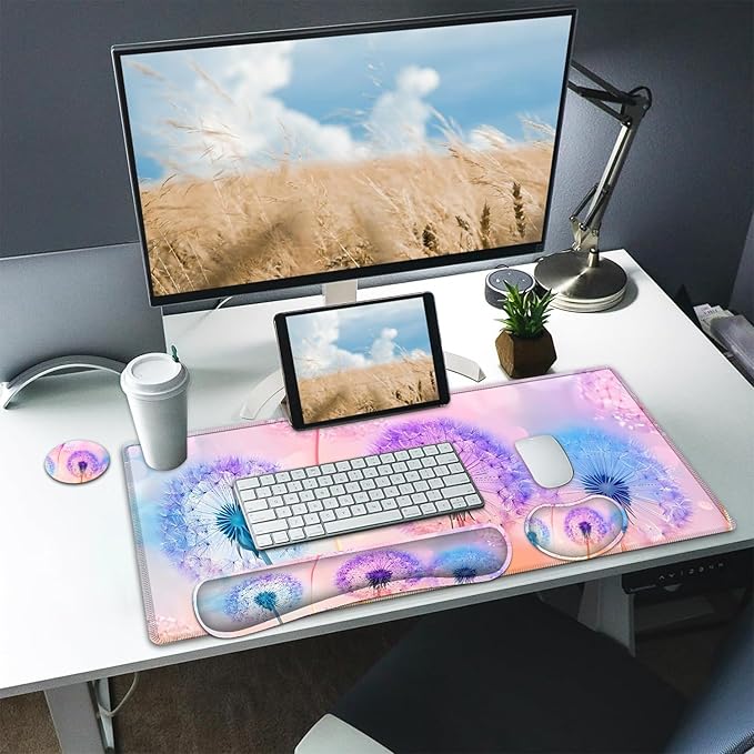 Large Mouse pad and Keyboard Support Set, Ergonomic Memory Foam Keyboard Wrist Rest, Extended Gaming Mouse Pad with Stitched Edges, Colored Dandelions XXL Desk Mat (31.5 X 11.8 in)