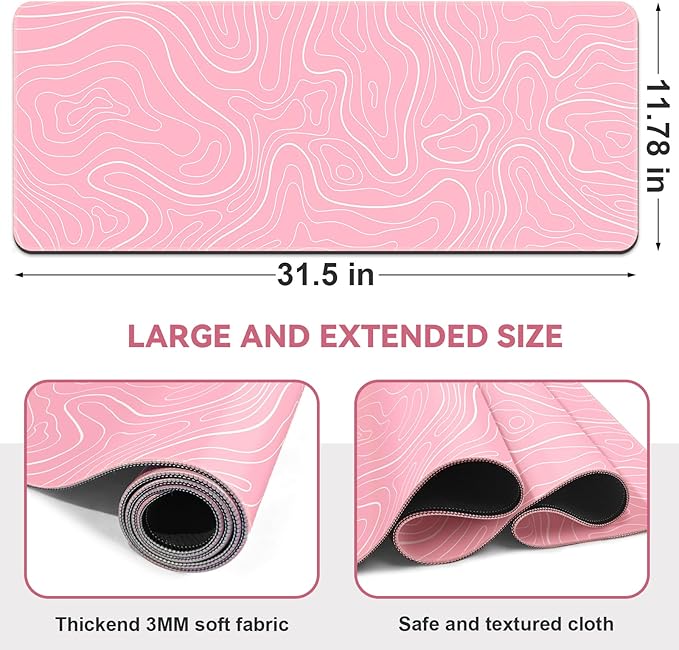 Gaming Mouse Pad 31.5 x 11.8in Large Mouse Pad with Anti-Slip Rubber Base（Pink with White Topographic Line）