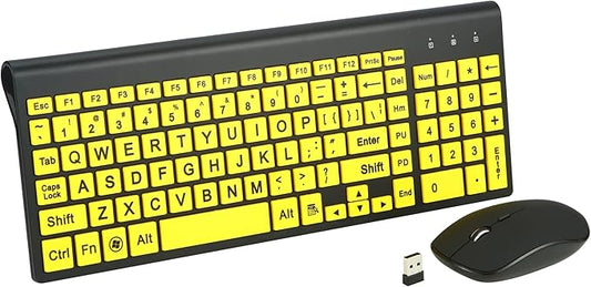Full Size Large Print 2.4g Wireless Keyboard and Mouse with Oversized Print for Visually Impaired Low Vision Individuals (Yellow)