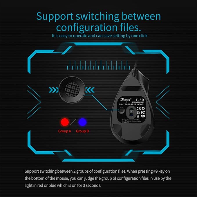 zelotes Wired Vertical Gaming Mouse,Ergonomic Design USB LED Optical Mouse with 9 Buttons and 4 Adjustable Sensitivity 1000/1600/2400/3200/4800/12800 DPI for Computer,Black… (T50Wired)