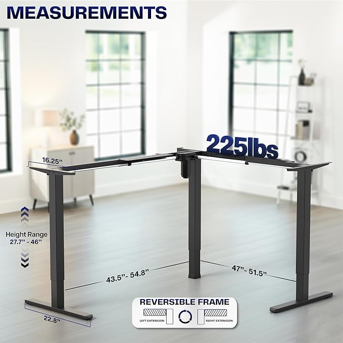 VIVO Medium Electric Single Motor Height Adjustable 3-Leg Corner Desk Standing Frame, Holds up to 225 lbs, Sit Stand L-Shaped Motorized Legs Only, Black, DESK-E355B