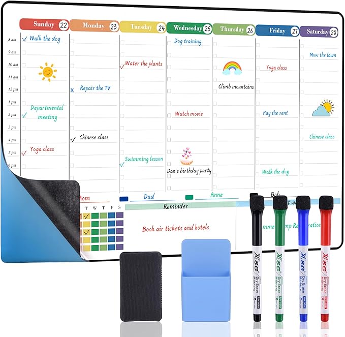 POPRUN Self Adhesive Weekly Dry Erase Calendar Whiteboard with Hourly Slots, 16.5" x 11" Schedule Planner Board for Wall Fridge Smooth Surfaces, School Family Home Organizer