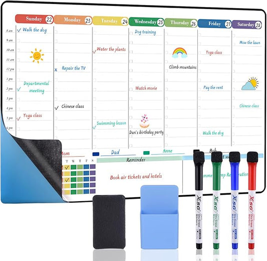 POPRUN Self Adhesive Weekly Dry Erase Calendar Whiteboard with Hourly Slots, 16.5" x 11" Schedule Planner Board for Wall Fridge Smooth Surfaces, School Family Home Organizer