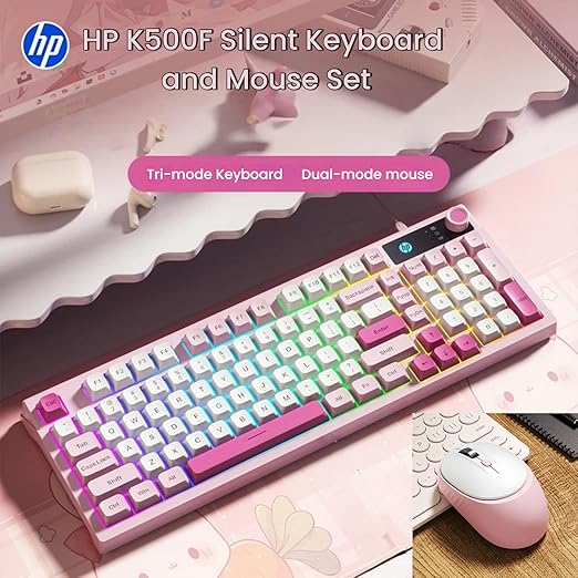 HP K500F Wireless RGB Keyboard, Tri-Mode (2.4G/BT/Wired), 99 Keys Membrane Keyboard with Volume Knob, 3000mAh Battery, Adjustable RGB Breathing Light, Round Keycaps, Windows Compatible, Pink