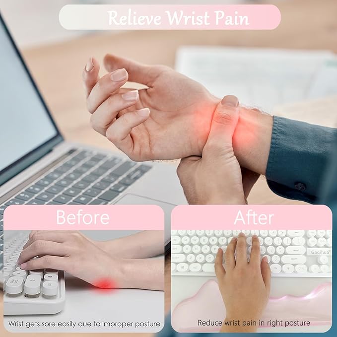 Acrylic Computer Keyboard Stand with Gel Mountain Wrist Rest Keyboard Riser with Comfortable Clear Silicone Mouse Wrist Pad Ergonomic Tilted Transparent Keyboard Holder for Desktop Office Hot Pink