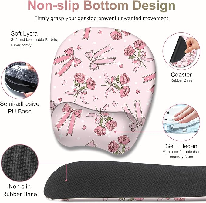 Pink Mouse Pad with Wrist Support 4 in1 Set, XXL Big Game Mousepad + Keyboard Wrist Rest + Mouse Wrist Rest Pad +Coaster Gaming Mat for Home Office Work Computer Laptop PC I Sweet Rose & Heart Bow