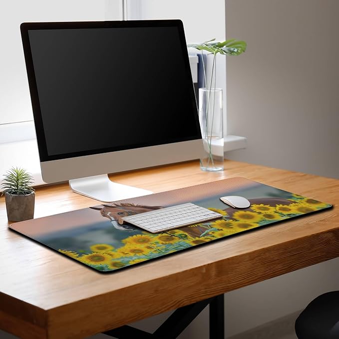 Gaming Desk Mat Sunflowers, Gaming Mousepad Computer Desk Pad, Home Office Decor Non-Slip Rubber Base Waterproof with Stitched Edges, 35.4 X 15.7 inch for Work/Game/Office/Home Red Stallion