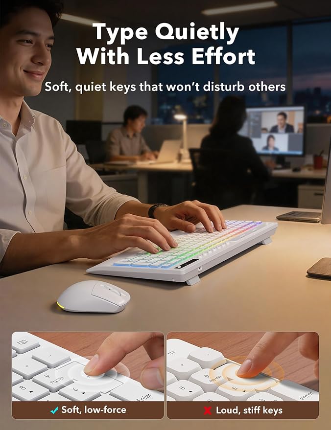 Trueque Wireless Keyboard and Mouse Combo, 4000mAh Rechargeable Backlit Keyboard with Wrist Rest & Phone Holder, Full Size Quiet Typing 2.4G USB-A/Type-C for PC Laptop Windows Mac (White)