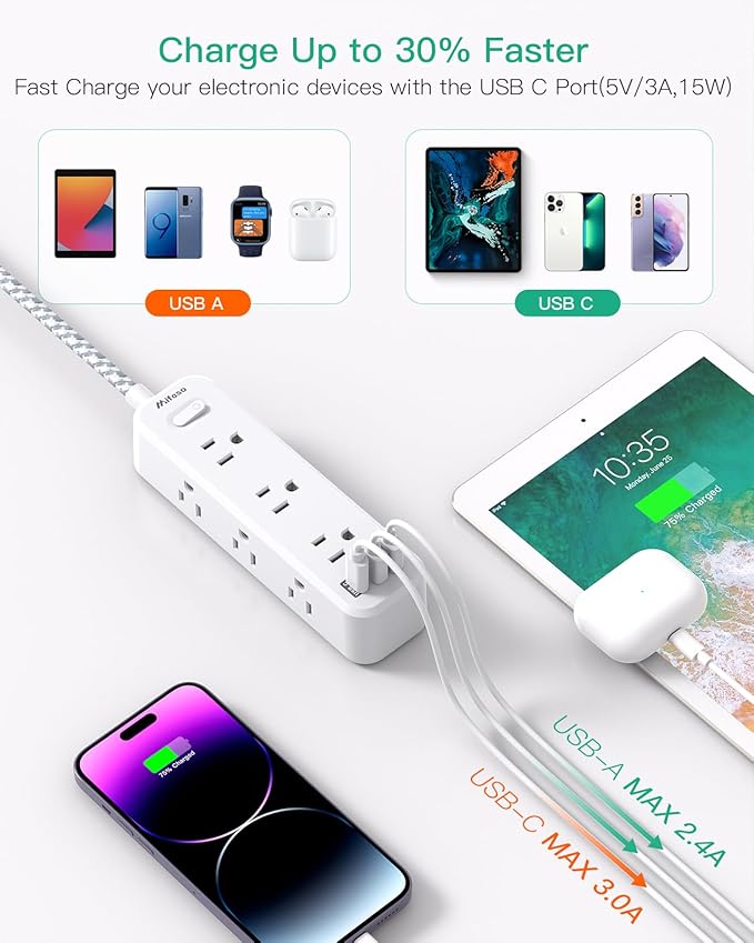 Mifaso Extension Cord, Surge Protector Power Strip, Long Power Strip with 9 Outlets 3 USB Ports, Extension Cord with Multiple Outlets, USB Power Strip for Dorm Room Essentials, College(10FT, White)