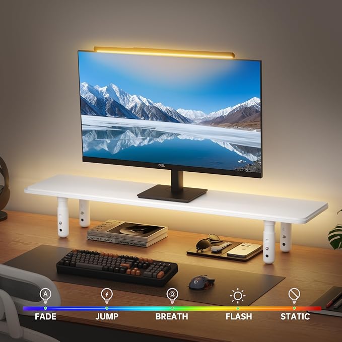 Dual Monitor Stand for Desk, Adjustable Height Wood Computer Riser, Ergonomic Monitor Shelf for Laptop, Printer, TV, Black - Large Storage Space, Sturdy Desk Organizer for Home & Office,White